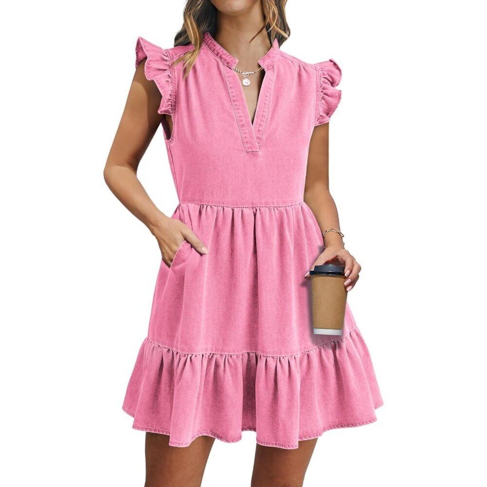 Denim Dress Women Cotton Short Sleeve V Neck Pockets A-Line Casual